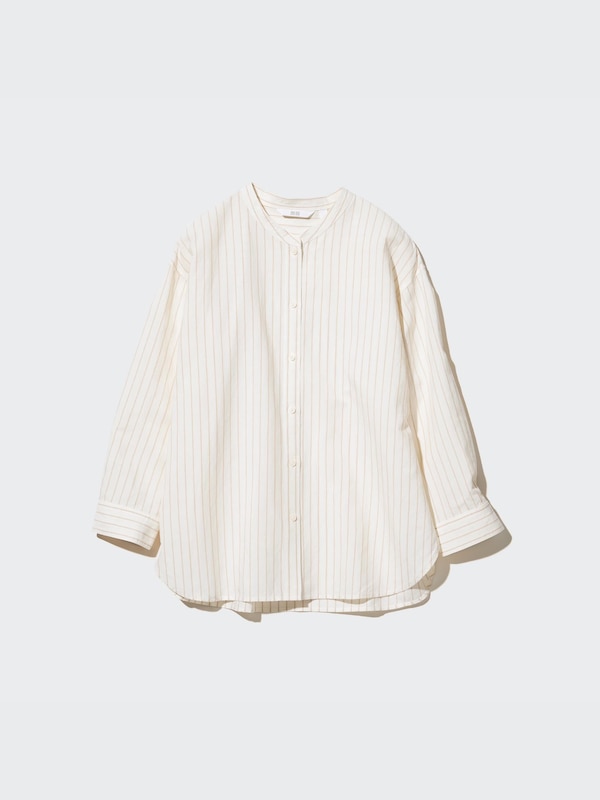 Kemeja Linen Blend Garis Kerah Tegak Lengan 3/4