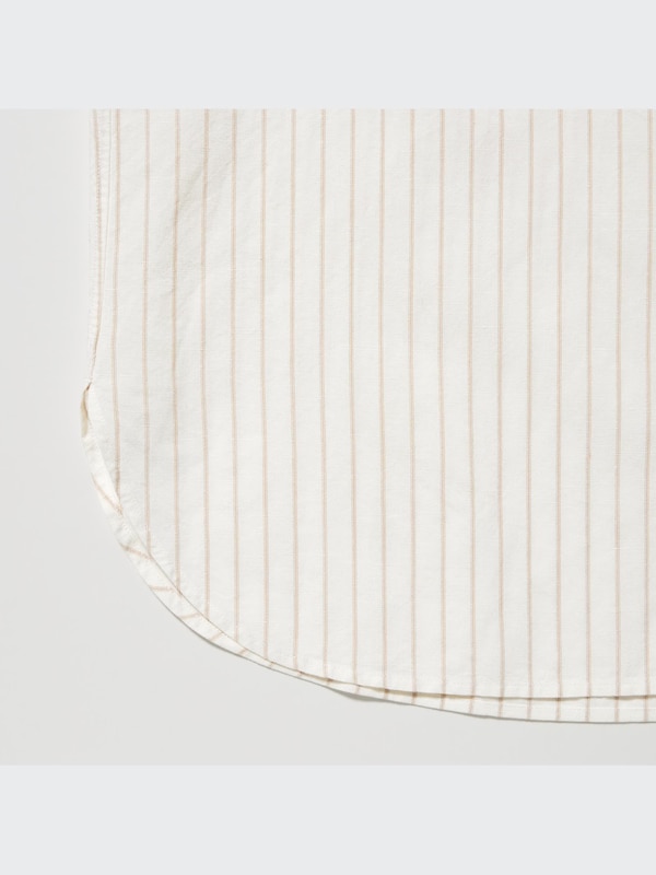 Kemeja Linen Blend Garis Kerah Tegak Lengan 3/4