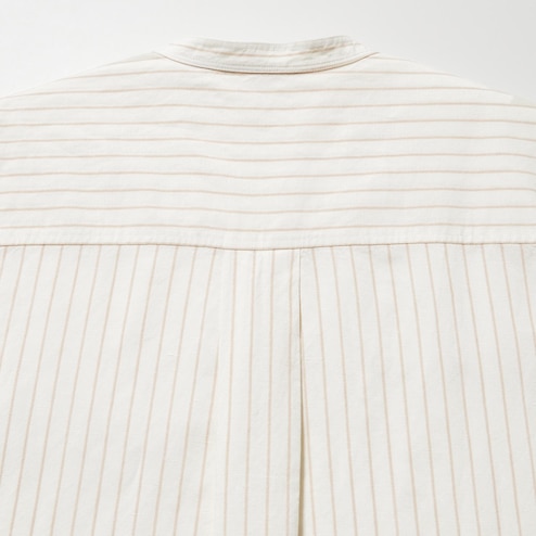 Linen Blend Striped Band Collar 3/4 Sleeve Shirt