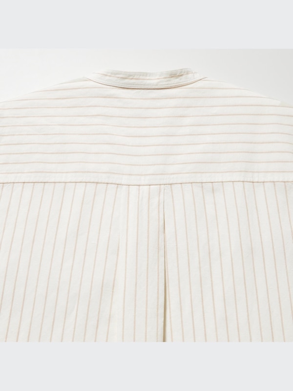 Kemeja Linen Blend Garis Kerah Tegak Lengan 3/4