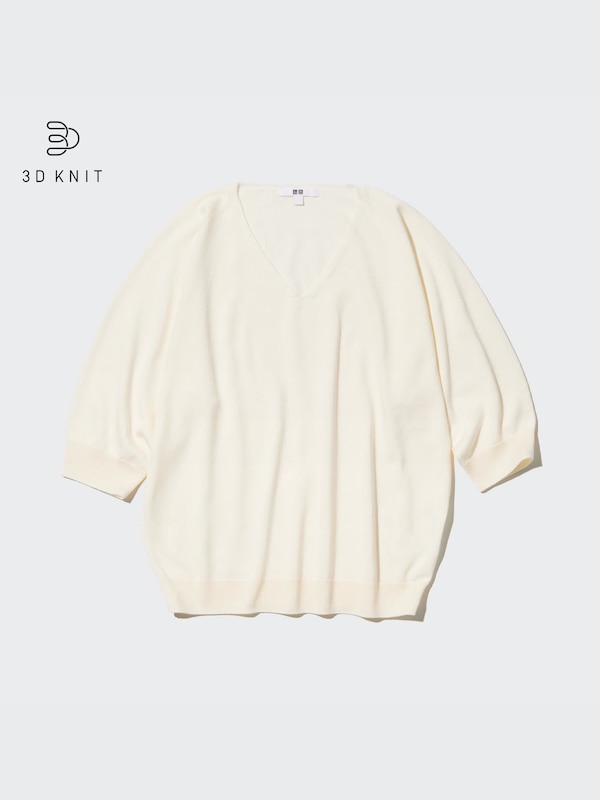 3D Knit V Neck Dolman 3/4 Sleeve Sweater