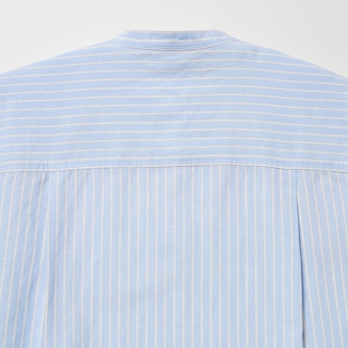 Linen Blend Striped Band Collar 3/4 Sleeve Shirt