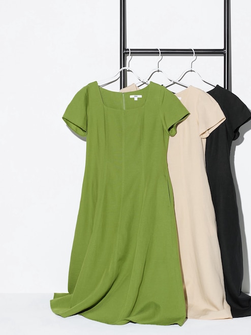 uniqlo linen blend square neck dress Women's Linen Blend Square Neck Short Sleeve Dress
