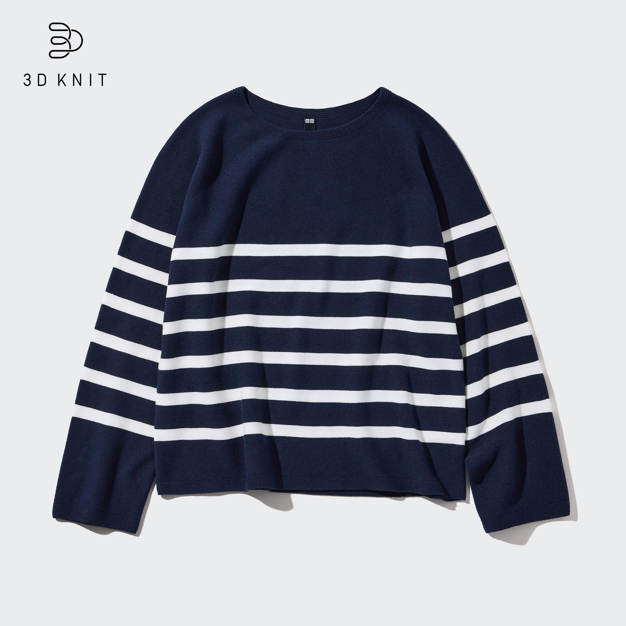 WOMEN S 3D KNIT COTTON STRIPED CREW NECK LONG SLEEVE SWEATER