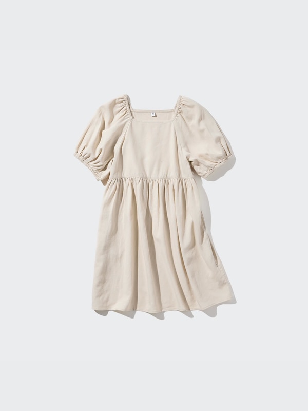 GIRLS Gaun Gather Linen Campuran Lengan Pendek