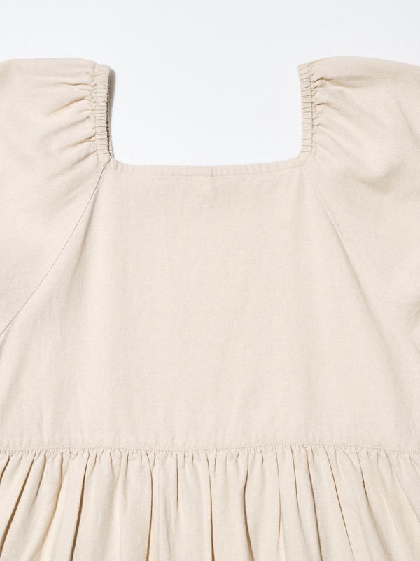 GIRLS Gaun Gather Linen Campuran Lengan Pendek