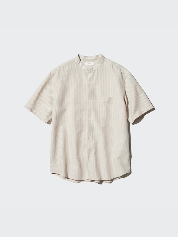 Cotton Linen Stand Collar Shirt | Short Sleeve Stripe