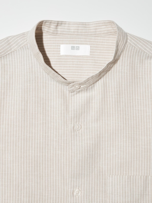Cotton Linen Stand Collar Shirt | Short Sleeve Stripe