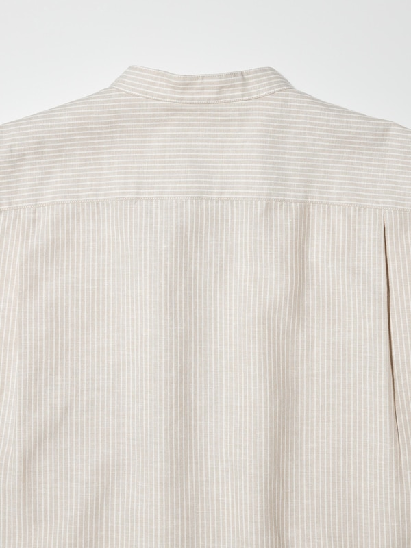Cotton Linen Stand Collar Shirt | Short Sleeve Stripe