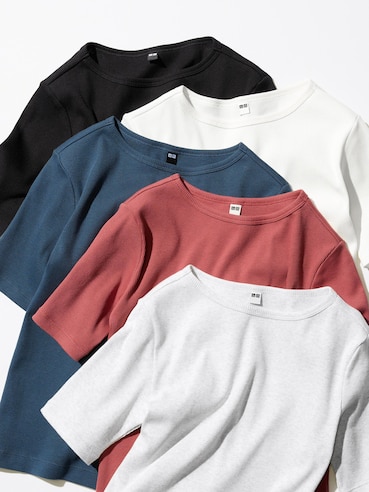 Ribbed Boat Neck T-shirt | Half Sleeve