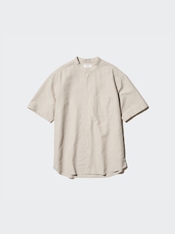 Cotton Linen Stand Collar Stripe Shirt | Short Sleeve