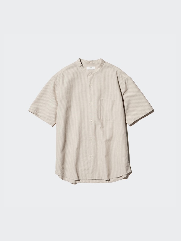 Cotton Linen Stand Collar Stripe Shirt | Short Sleeve