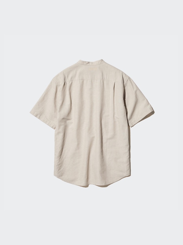 Cotton Linen Stand Collar Stripe Shirt | Short Sleeve
