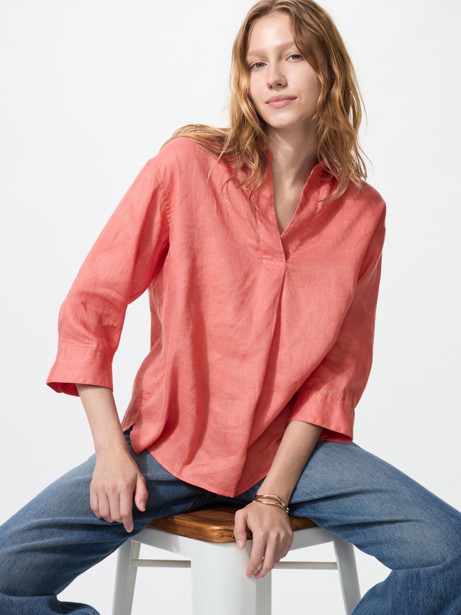 WOMEN'S PREMIUM LINEN SKIPPER COLLAR SHIRT 3/4 SLEEVE