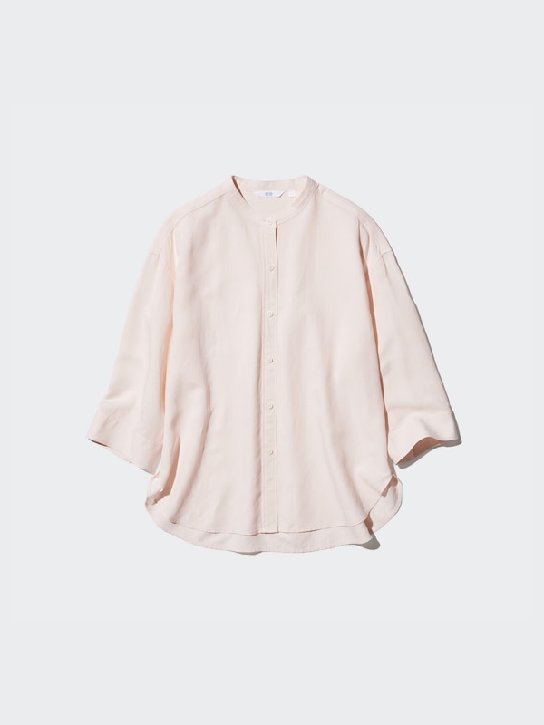 Linen Blend Band Collar Shirt 3/4