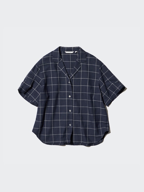 Linen Blend Open Collar Shirt Short Sleeve