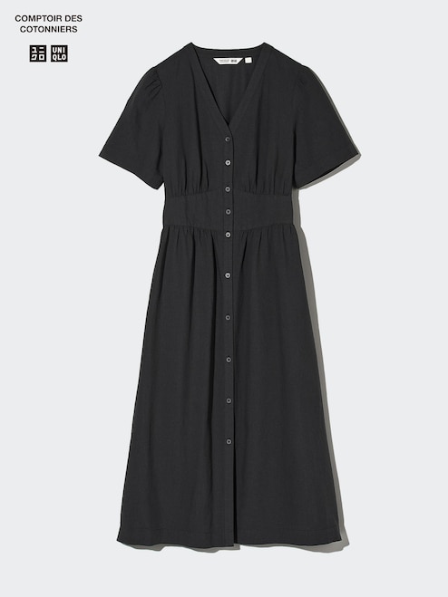 WOMEN'S LINEN BLEND SHORT SLEEVE V NECK DRESS | UNIQLO PH