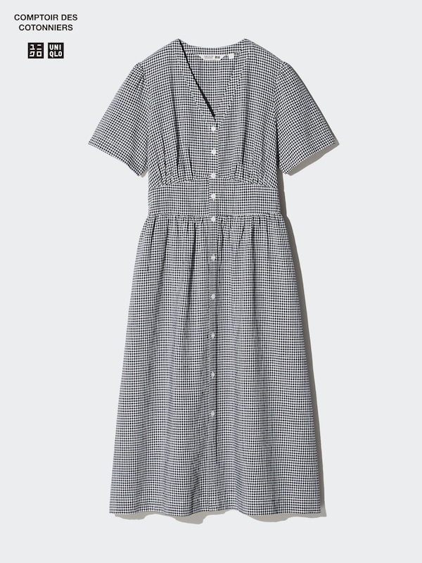 Linen Blend V Neck Dress Short Sleeve