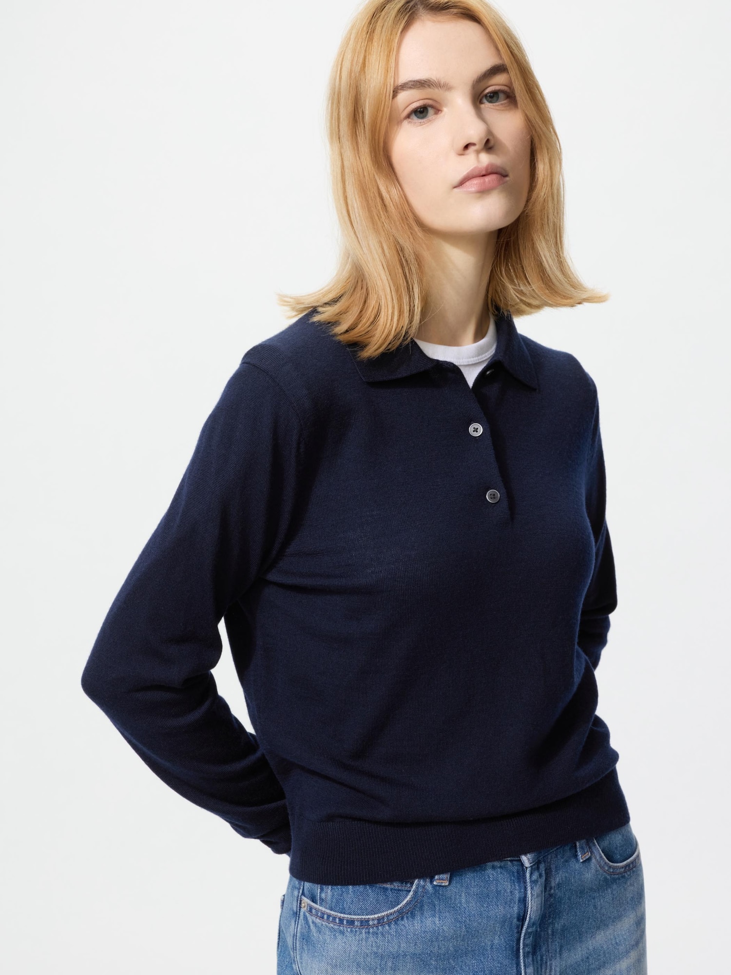 「 JEANS」 Vネックニット - ネイビー レディース Vネックニットプルオーバー ベーシック レディース(M ネイビー