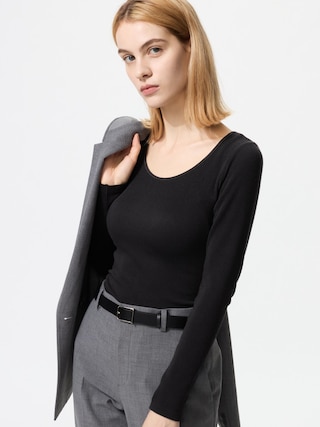 極暖ヒートテックリブUネックブラTシャツ/長袖