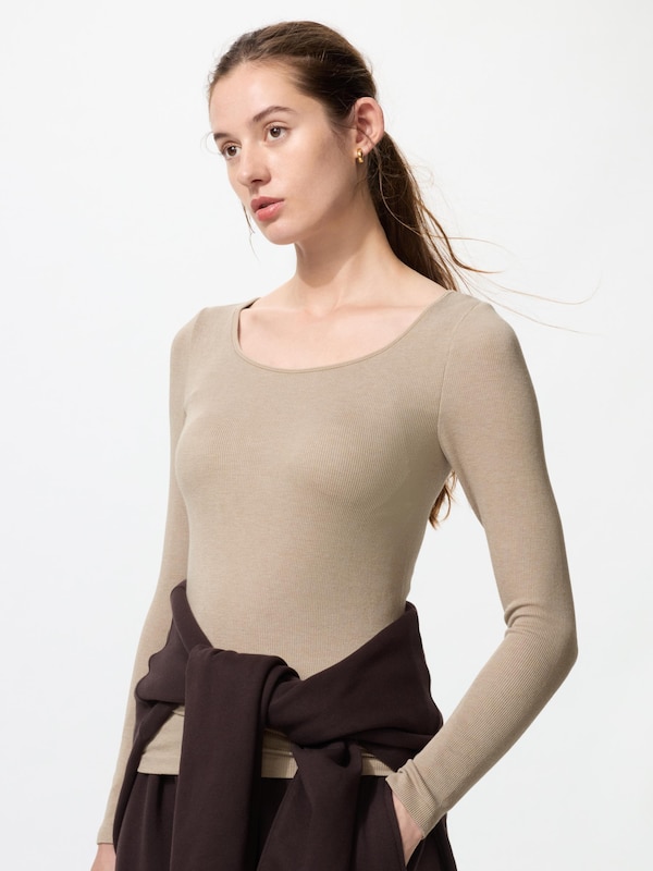 極暖ヒートテックリブUネックブラTシャツ/長袖