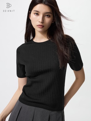 3Dメリノリブクルーネックセーター/5分袖