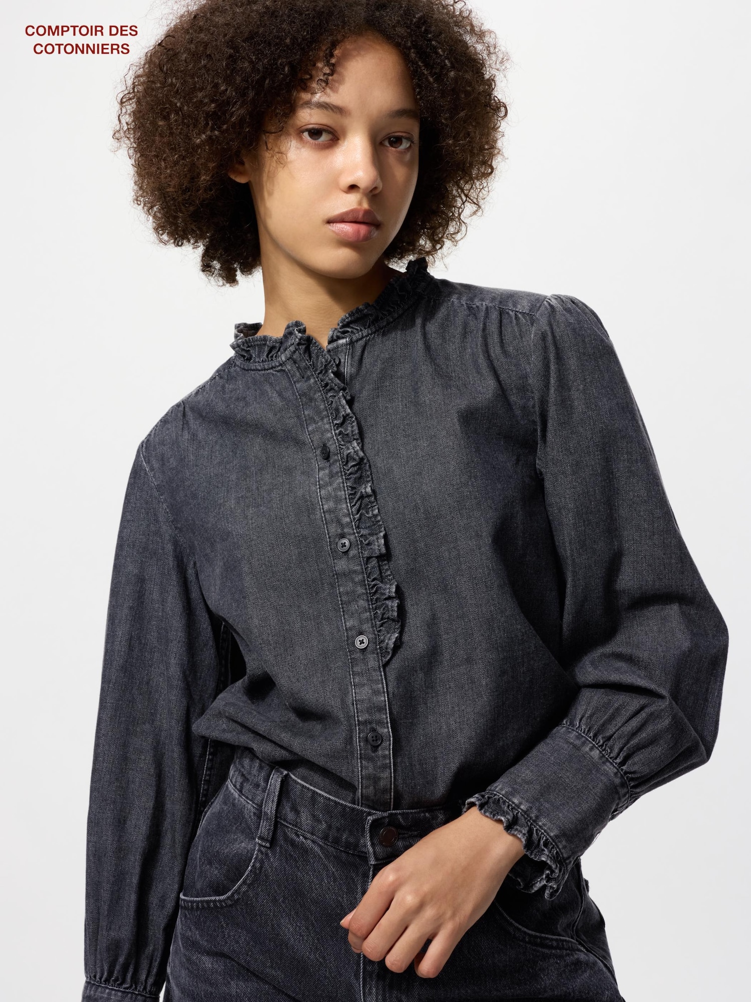 COMPTOIR DES COTONNIERS◆長袖ブラウス/38/ポリエステル/BLK/無地 Comptoir des Cotonniers 「COMPTOIR DES COTONNIERS」 7分袖