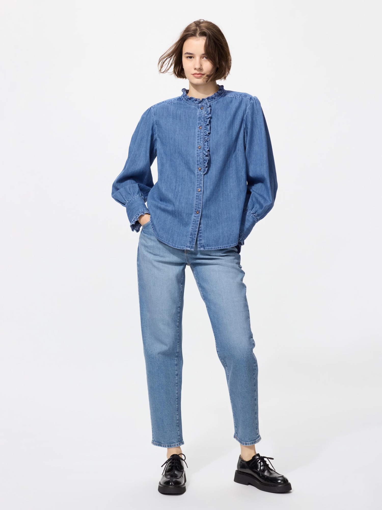 本日のみ値下げ デニムフリルシャツ　新品 ユニクロ公式 | デニムフリルシャツ