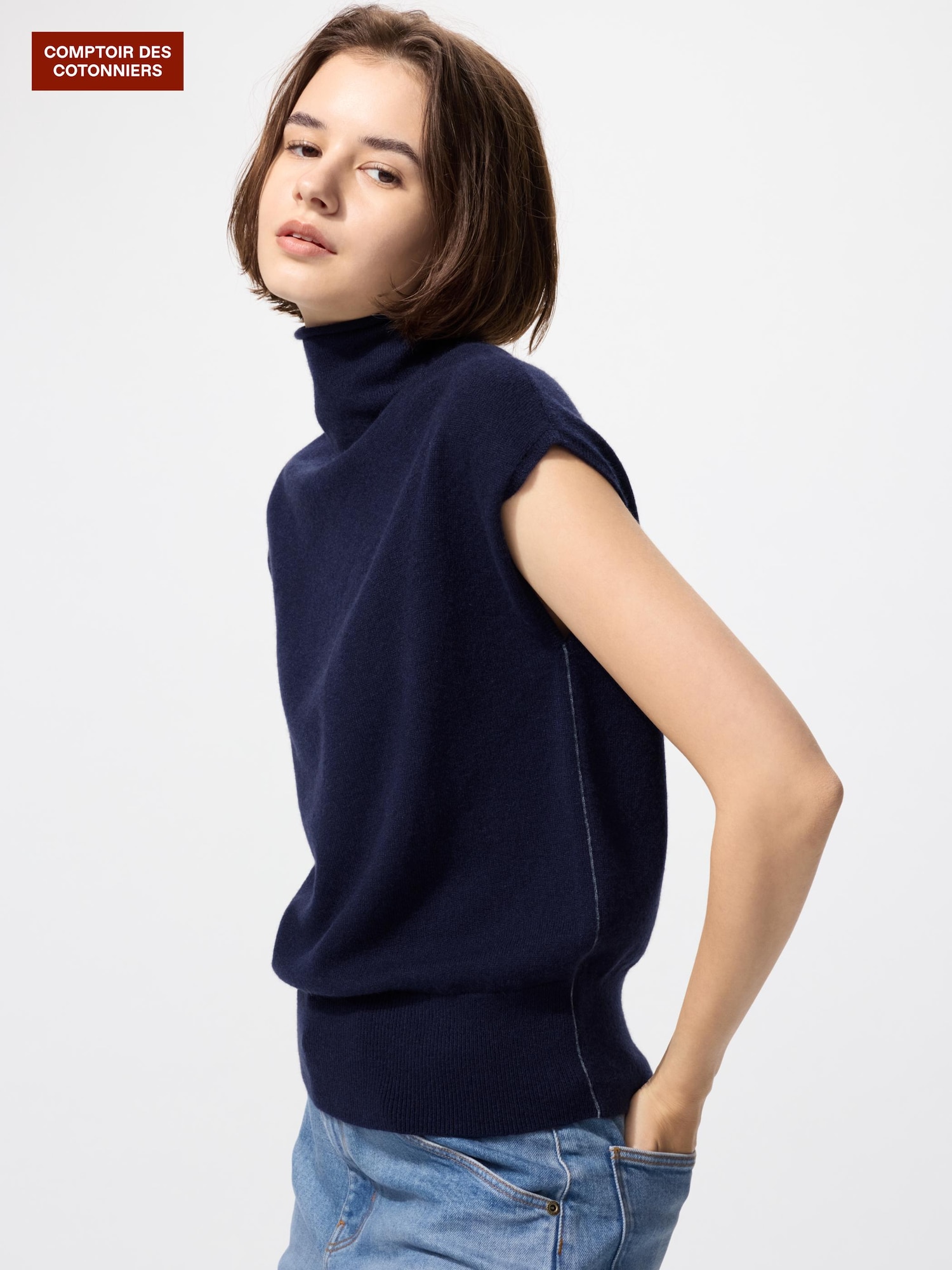 新品タグ付コントワーデコトニエ　カシミヤハイネックセーターノースリーブLネイビー 新品タグ付コントワーデコトニエ カシミヤハイネックセーター