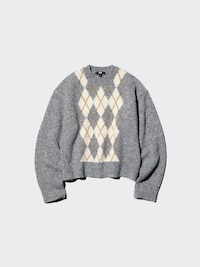 FLUFFY ARGYLE CREW NECK SWEATER