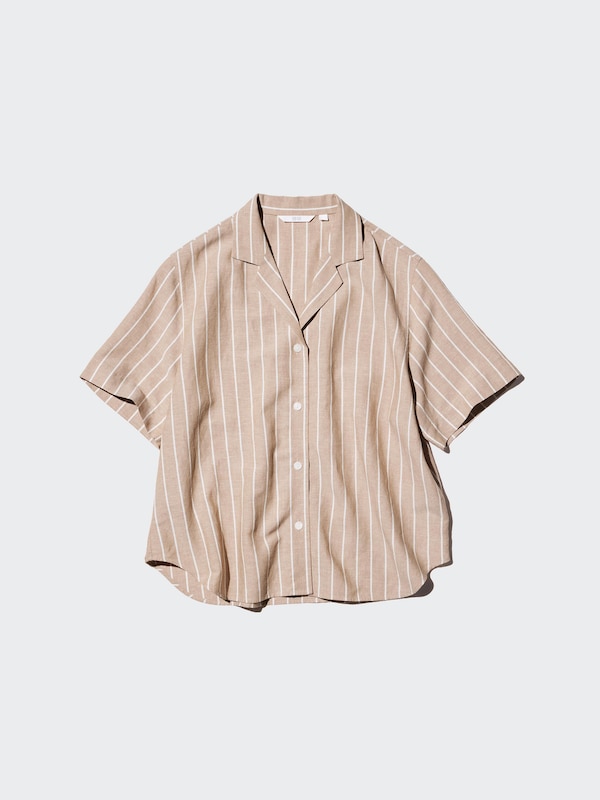 Linen Blend Open Collar Shirt Short Sleeve