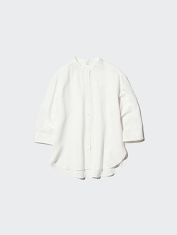 Linen Blend Open Collar Shirt 3/4 Sleeve