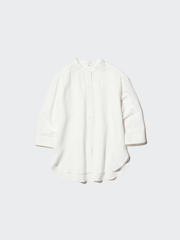 Linen Blend Open Collar Shirt 3/4 Sleeve