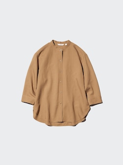 Linen Blend Band Collar Shirt | 3/4 Sleeve