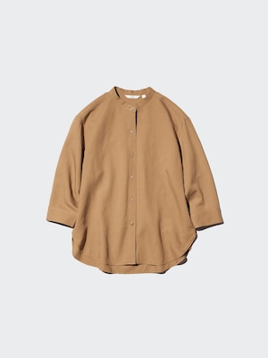 Linen Blend Band Collar Shirt 3/4 Sleeve