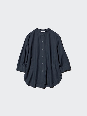 Linen Blend Band Collar Shirt 3/4 Sleeve Shirt