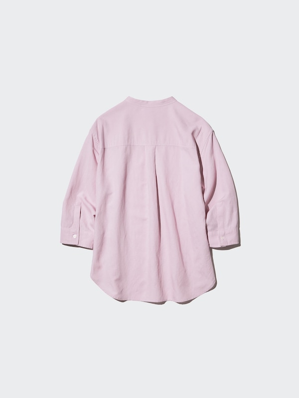 Linen Blend Open Collar Shirt 3/4 Sleeve