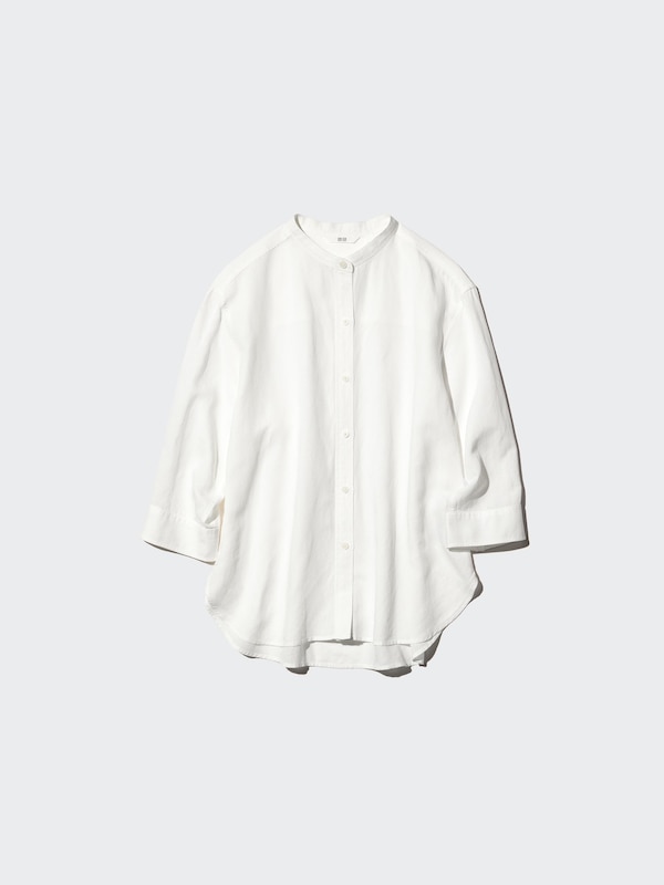Linen Blend Band Collar Shirt 3/4 Sleeve Shirt