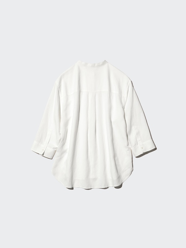 Linen Blend Band Collar Shirt 3/4 Sleeve Shirt