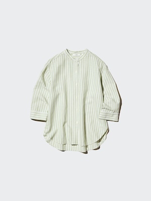 Linen Blend Band Collar Shirt 3/4 Sleeve Shirt