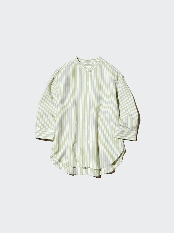 Linen Blend Open Collar Shirt 3/4 Sleeve