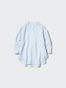 Linen Blend Band Collar Shirt 3/4 Sleeve Shirt