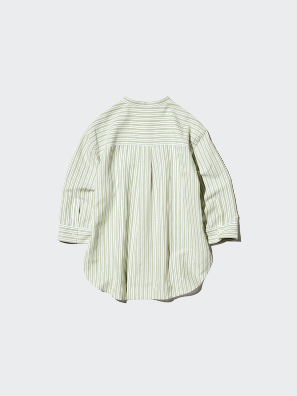 Linen Blend Open Collar Shirt 3/4 Sleeve