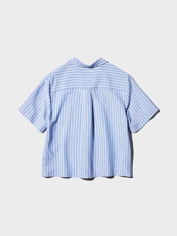 Linen Blend Open Collar Shirt Short Sleeve