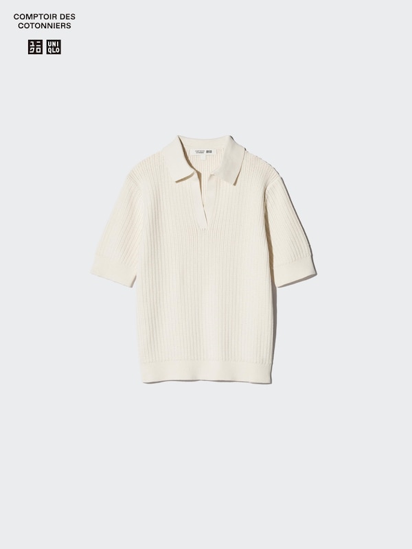 Cotton Pointelle Skipper Polo Sweater