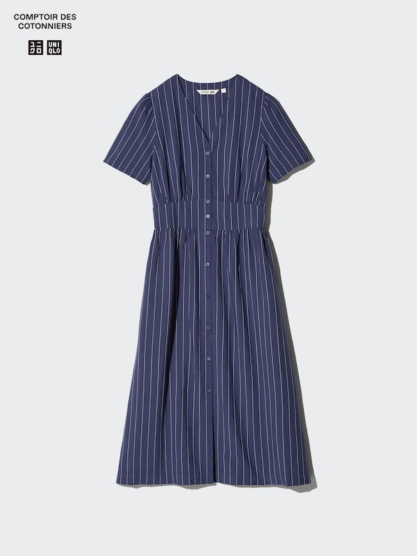 Linen Blend V Neck Dress Short Sleeve