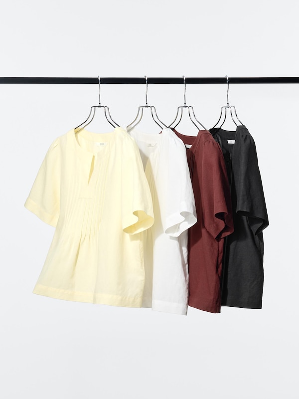 リネンブレンドキーネックブラウス