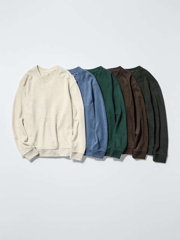 Ribbed Knitted Fleece V Neck T-Shirt | Long Sleeve