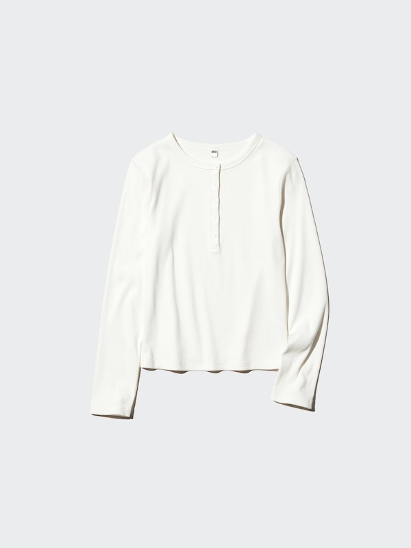 Ribbed Henley Neck T-Shirt Long Sleeve