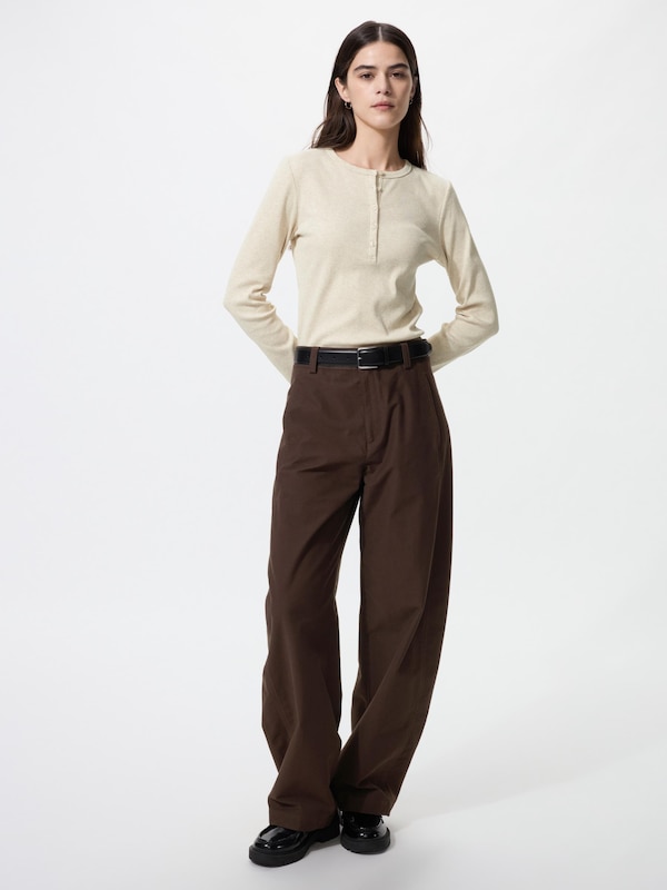 Ribbed Henley Neck T-Shirt Long Sleeve